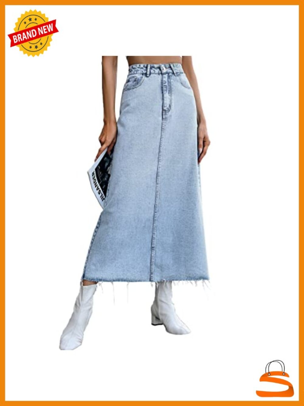 High Waist Maxi Denim Skirt A-Line Raw Hem with Pockets